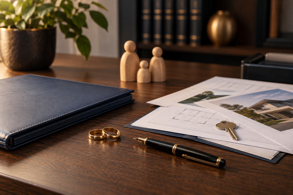Alianças, documentos patrimoniais, chave de imóvel e figuras familiares sobre mesa, representando planejamento matrimonial.