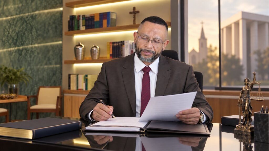 Advogado assessorando igrejas e instituições religiosas em questões jurídicas institucionais.