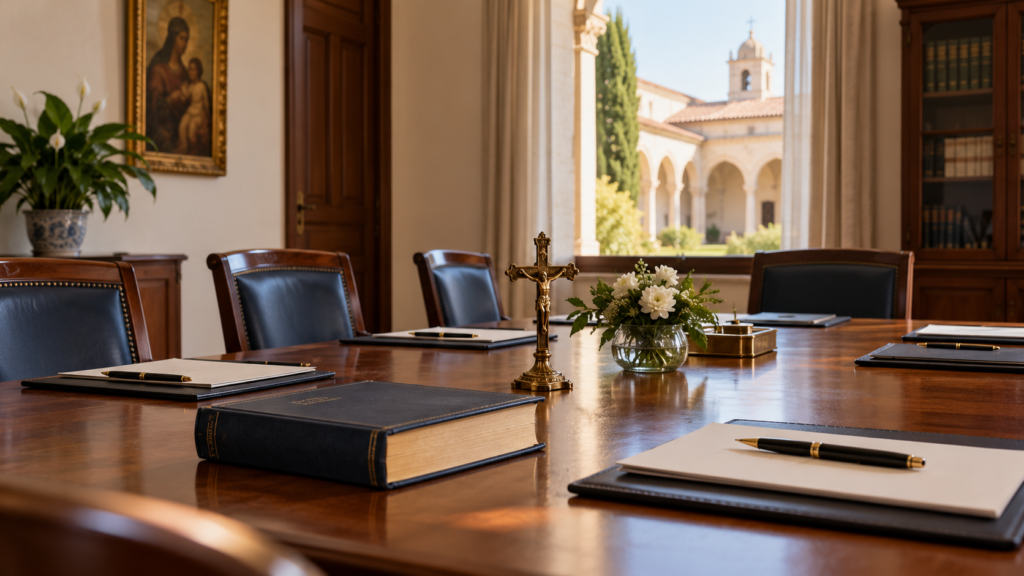 Sala de reunião diocesana com crucifixo, livros e documentos, representando governança e organização institucional da Igreja.