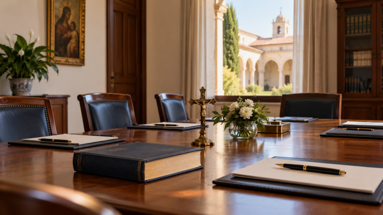 Sala de reunião diocesana com crucifixo, livros e documentos, representando governança e organização institucional da Igreja.