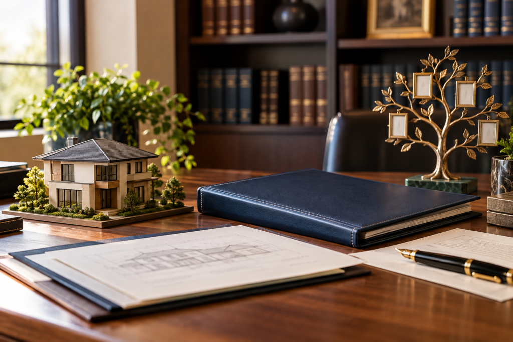 Casa em miniatura, documentos, pasta societária e árvore familiar representando a organização patrimonial por holding familiar