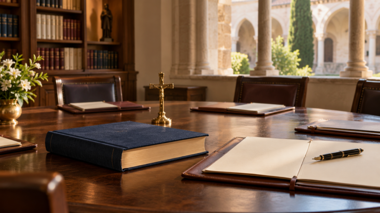 Governança em Instituto de Vida Consagrada representada por documentos e ambiente conventual